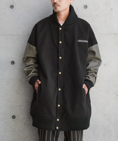 セール】『異素材メルトン×フェイクレザー ロングスタジャン