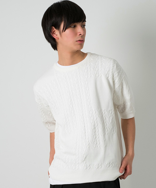 FUGA(フーガ)の「ケーブル編みニットカットソー(ニット/セーター・メンズ・ブラック/ホワイト・M/L)」の1枚目の写真