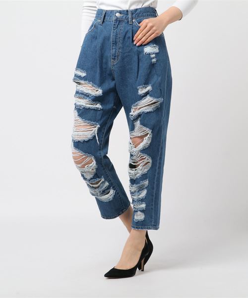 WEGO（ウィゴー）の「WEGO/クラッシュタックマムパンツ（デニムパンツ・レディース・インディゴブルー/ライトインディゴブルー・FREE）」の10枚目の写真