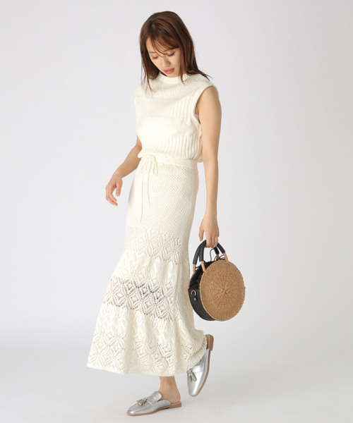 セール Mysty Woman ミスティウーマン のファッション スカート スカート スカシニットロングフレアスカート 2572 スカート Mysty