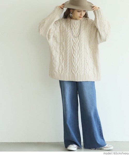 coca（coca）（コカ）の「ウールミックスケーブルニット（ニット/セーター・レディース・ベージュ/アイボリー・ONE SIZE/M/S）」の4枚目の写真