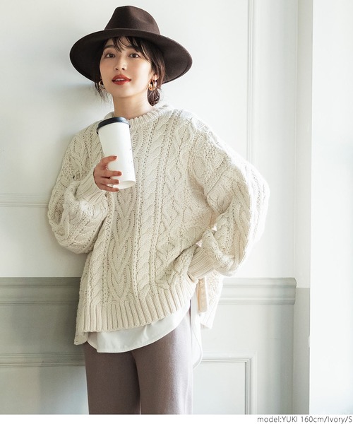 【極美品・現行タグ】45R パール付き　ケーブルニット　アイボリ　M ウール Mixヤーンモックネックケーブルニットプルオーバー/AMERICAN HOLIC