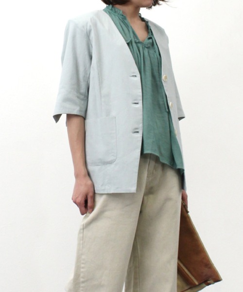 STYLEBLOCK（スタイルブロック）の「リネンタッチノーカラージャケット（ノーカラージャケット・レディース・ミント/ブラック/グレイッシュベージュ/オフホワイト/ライトベージュ・M）」の5枚目の写真