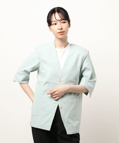 STYLEBLOCK（スタイルブロック）の「リネンタッチノーカラージャケット（ノーカラージャケット・レディース・ミント/ブラック/グレイッシュベージュ/オフホワイト/ライトベージュ・M）」の9枚目の写真