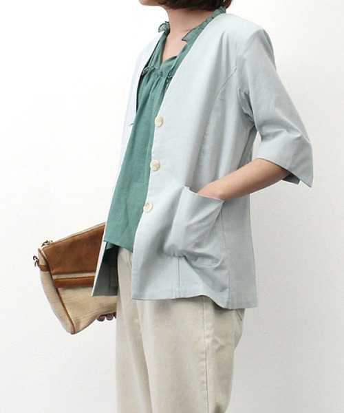 STYLEBLOCK（スタイルブロック）の「リネンタッチノーカラージャケット（ノーカラージャケット・レディース・ミント/ブラック/グレイッシュベージュ/オフホワイト/ライトベージュ・M）」の10枚目の写真