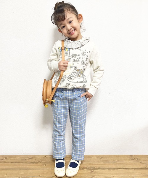 KP(ケーピー)の「リボン付きストレッチ先染めチェックパンツ(100-130cm)(チノパンツ・キッズ・グレー/ブルー・110cm/120cm/100cm/130cm)」の1枚目の写真
