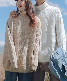 HOOK（フック）の「【HOOK】【定番】無地ハイネックケーブル編みニットセーター（ニット/セーター）」