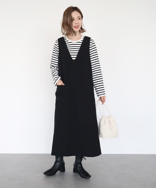 AMERICAN HOLIC（アメリカンホリック）の「VネックWポケットワンピース（ジャンパースカート・レディース・ブラック/モカ・L/M）」の7枚目の写真