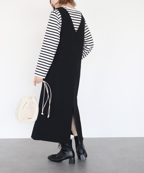 AMERICAN HOLIC（アメリカンホリック）の「VネックWポケットワンピース（ジャンパースカート・レディース・ブラック/モカ・L/M）」の6枚目の写真