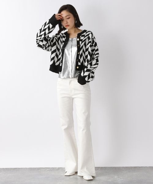 JEANASIS（ジーナシス）の「7Gウェーブチェッカーショートカーディガン/264385（カーディガン/ボレロ・レディース・ブラック系その他/グリーン系その他・FREE）」の3枚目の写真