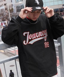 ビッグシルエット ナイロン/サテン刺繍カレッジロゴ 長袖Tシャツ/オーバーサイズカットソー/リンガーTシャツ