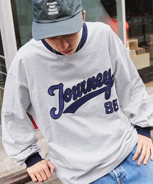 ビッグシルエット ナイロン/サテン刺繍カレッジロゴ 長袖Tシャツ/オーバーサイズカットソー/リンガーTシャツ