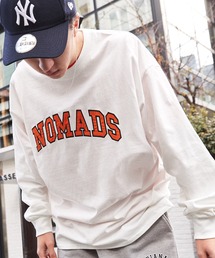 ビッグシルエット ナイロン/サテン刺繍カレッジロゴ 長袖Tシャツ/オーバーサイズカットソー/リンガーTシャツ