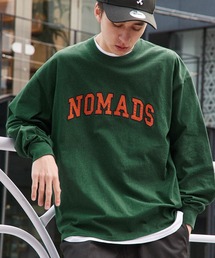 ビッグシルエット ナイロン/サテン刺繍カレッジロゴ 長袖Tシャツ/オーバーサイズカットソー/リンガーTシャツ