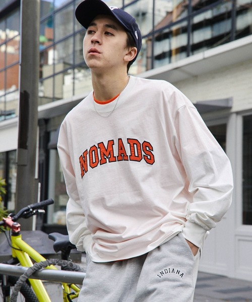 ビッグシルエット ナイロン/サテン刺繍カレッジロゴ 長袖Tシャツ