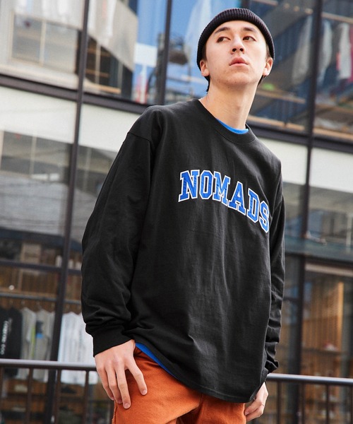 ビッグシルエット ナイロン/サテン刺繍カレッジロゴ 長袖Tシャツ