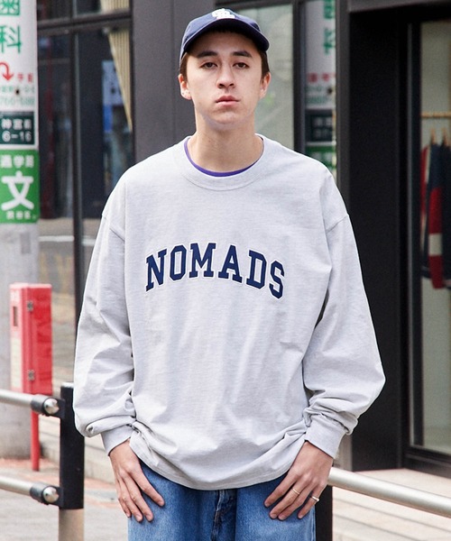 メンズ ロゴ刺繍＆プリントロングTシャツ ビッグシルエット