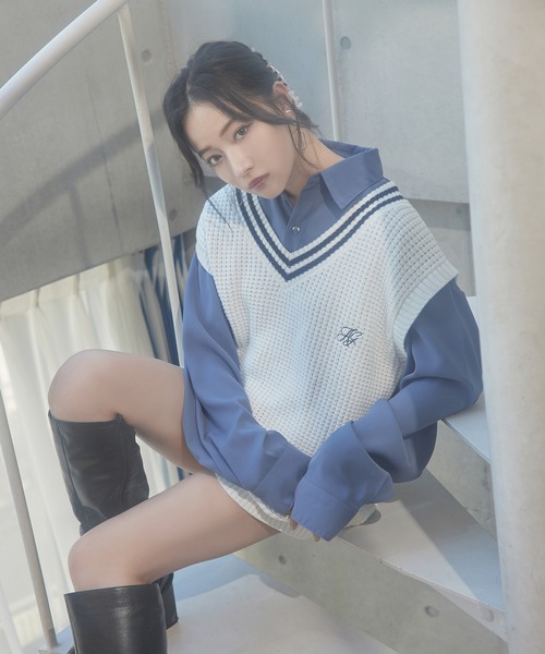 ANDGEEBEE（アンジービー）の「UNISEX ラインニットベスト（ベスト・レディース・ネイビー/ホワイト・MEDIUM）」の9枚目の写真