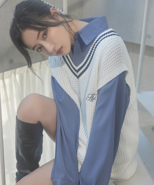 ANDGEEBEE（アンジービー）の「UNISEX ラインニットベスト（ベスト・レディース・ネイビー/ホワイト・MEDIUM）」の11枚目の写真