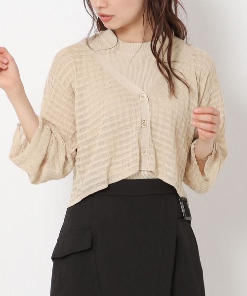 mysty woman(ミスティウーマン)の「シアーチェックニットカーデ 283378(カーディガン/ボレロ・レディース・ブラック/ライトベージュ/パープル/オレンジ・FREE)」の2枚目の写真