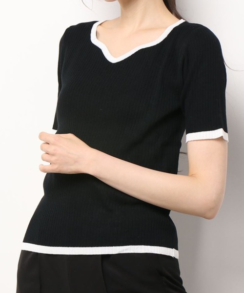 ibeul_（イベール）の「半袖リブライン 配色トップス（Tシャツ/カットソー・レディース・グリーン/ホワイト/ブラック/ピンク/パープル・FREE）」の3枚目の写真