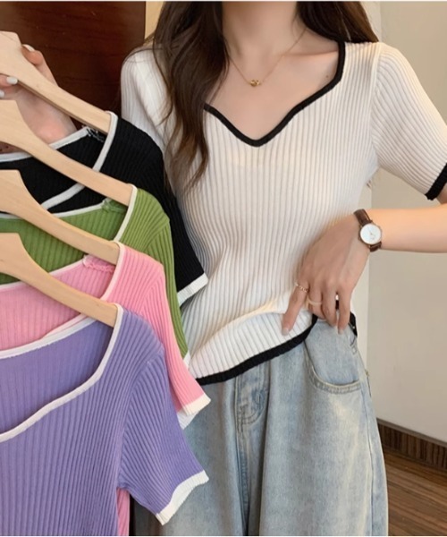 ibeul_（イベール）の「半袖リブライン 配色トップス（Tシャツ/カットソー・レディース・グリーン/ホワイト/ブラック/ピンク/パープル・FREE）」の6枚目の写真