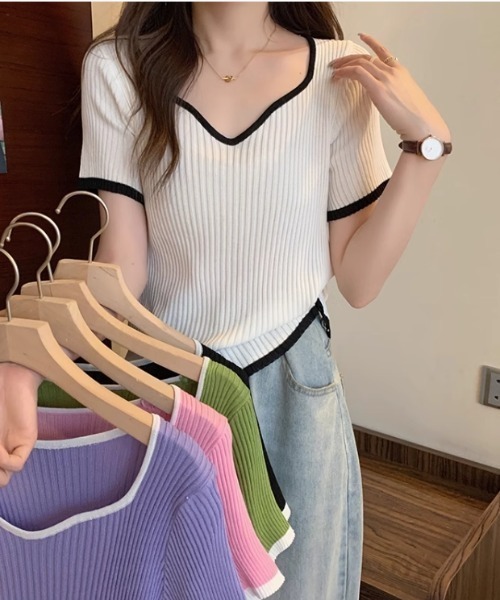 ibeul_（イベール）の「半袖リブライン 配色トップス（Tシャツ/カットソー・レディース・グリーン/ホワイト/ブラック/ピンク/パープル・FREE）」の7枚目の写真