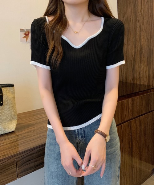 ibeul_（イベール）の「半袖リブライン 配色トップス（Tシャツ/カットソー・レディース・グリーン/ホワイト/ブラック/ピンク/パープル・FREE）」の9枚目の写真