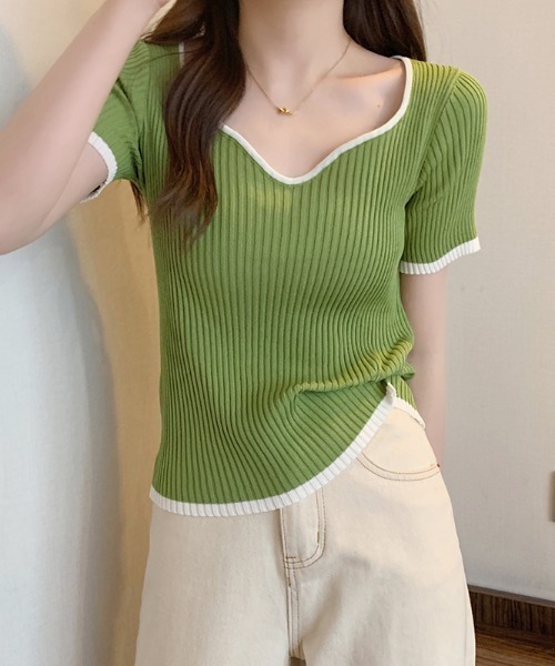 ibeul_（イベール）の「半袖リブライン 配色トップス（Tシャツ/カットソー・レディース・グリーン/ホワイト/ブラック/ピンク/パープル・FREE）」の11枚目の写真