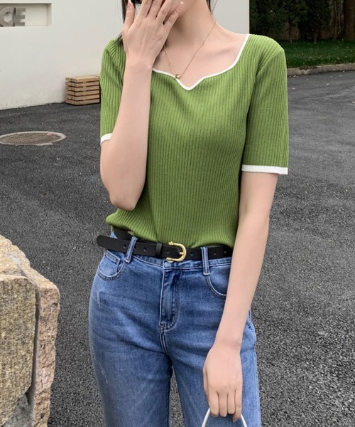 ibeul_（イベール）の「半袖リブライン 配色トップス（Tシャツ/カットソー・レディース・グリーン/ホワイト/ブラック/ピンク/パープル・FREE）」の13枚目の写真