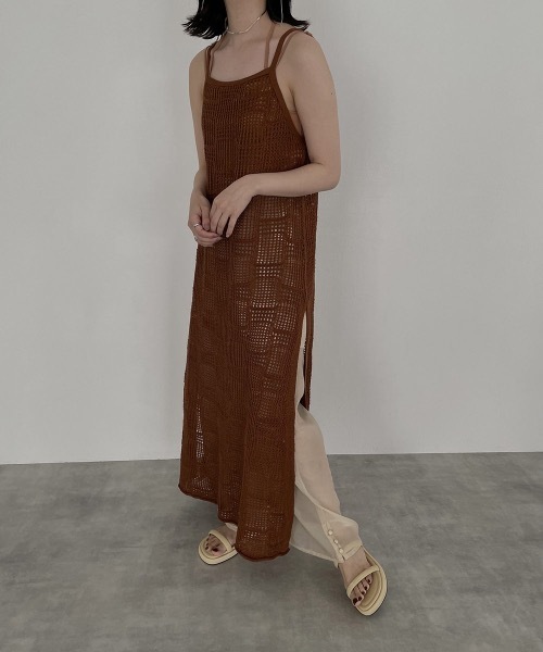 I_am(アイアム)の「pattern knit layered cami ops(ワンピース・レディース・ブラック/アイボリー/オレンジ系・FREE)」の1枚目の写真