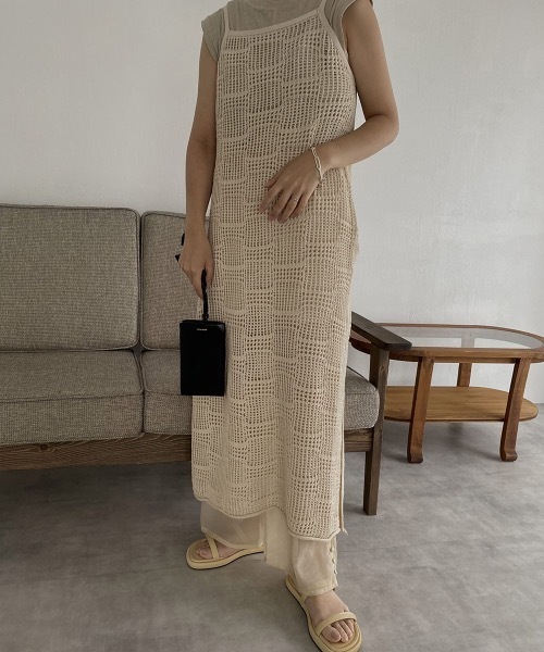 I_am(アイアム)の「pattern knit layered cami ops(ワンピース・レディース・ブラック/アイボリー/オレンジ系・FREE)」の2枚目の写真