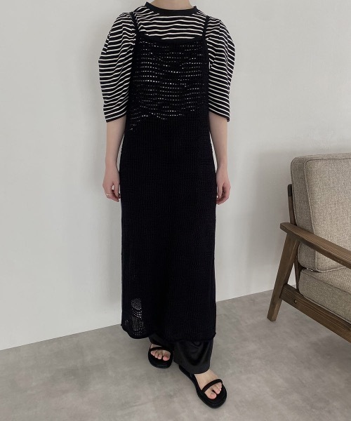 I_am(アイアム)の「pattern knit layered cami ops(ワンピース・レディース・ブラック/アイボリー/オレンジ系・FREE)」の3枚目の写真