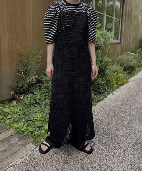 I_am(アイアム)の「pattern knit layered cami ops(ワンピース・レディース・ブラック/アイボリー/オレンジ系・FREE)」の6枚目の写真
