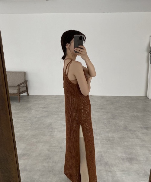 I_am(アイアム)の「pattern knit layered cami ops(ワンピース・レディース・ブラック/アイボリー/オレンジ系・FREE)」の8枚目の写真