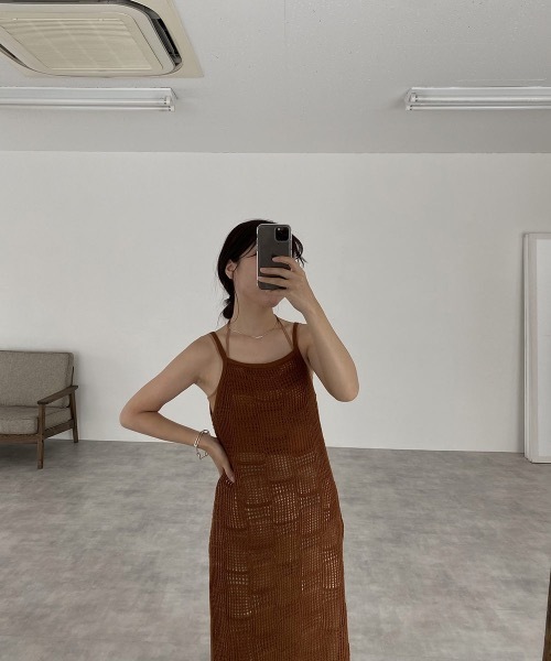 I_am(アイアム)の「pattern knit layered cami ops(ワンピース・レディース・ブラック/アイボリー/オレンジ系・FREE)」の9枚目の写真