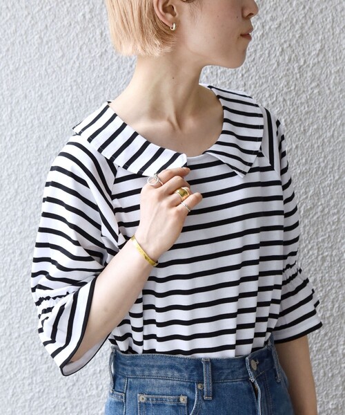 SHIPS any(シップス エニィ)の「SHIPS any: カラー シャーリングスリーブ TEE◇(Tシャツ/カットソー・レディース・ホワイト/ブラック/ネイビー・ONE SIZE)」の1枚目の写真