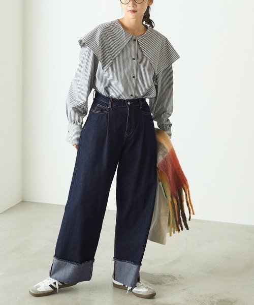 よっし forksy.】ワイドストレートターンバックデニムパンツ forksy