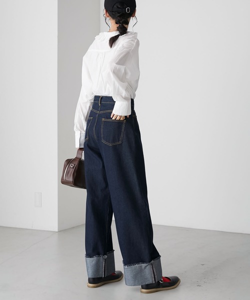 forksy.】ワイドストレートターンバックデニムパンツ forksy