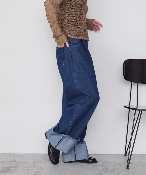 forksy.(フォルクシー)の「【forksy.】ワイドストレートターンバックデニムパンツ(デニムパンツ・レディース・ブラック/ピンク/インディゴブルー/アイボリー/ブルー/サックスブルー/グレー/ライトピンク/ブルー系1/ライトインディゴブルー・S/M/L)」の12枚目の写真