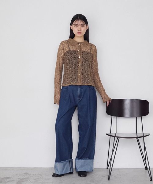 forksy.】ワイドストレートターンバックデニムパンツ forksy