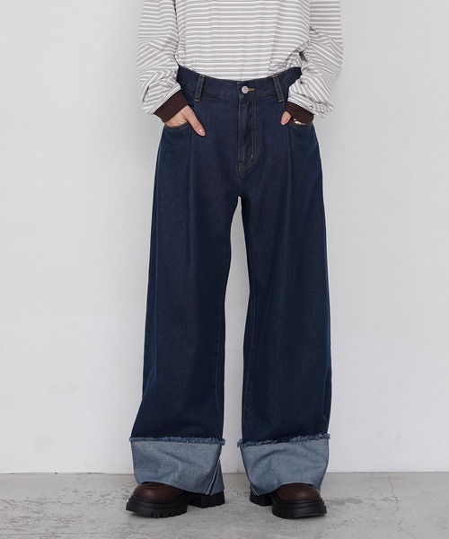 forksy.】ワイドストレートターンバックデニムパンツ（デニムパンツ