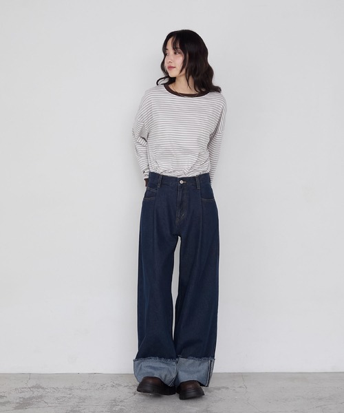 セール】【forksy.】ワイドストレートターンバックデニムパンツ