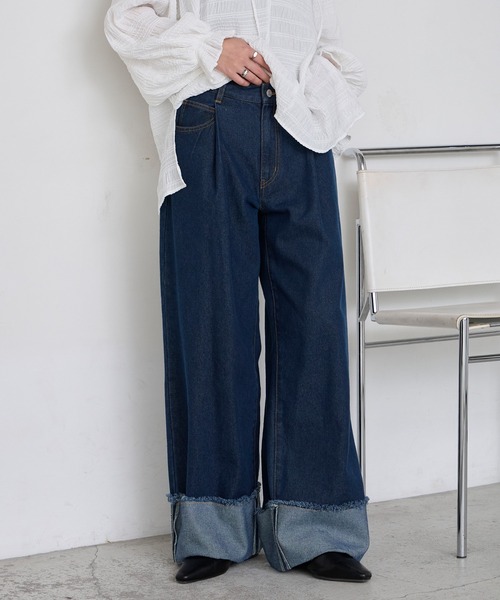 forksy.】ワイドストレートターンバックデニムパンツ（デニムパンツ
