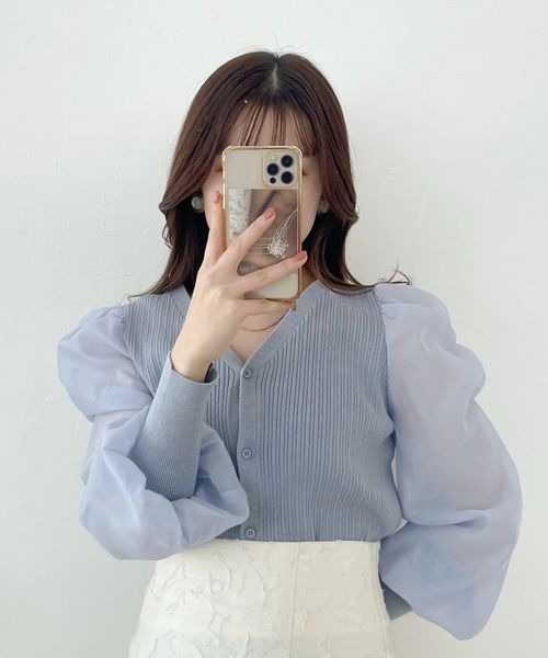 mysty woman（ミスティウーマン）の「シアースリーブリブカーディガン　183876（カーディガン/ボレロ・レディース・オフホワイト/グレイッシュブルー/ブラック・FREE）」の3枚目の写真