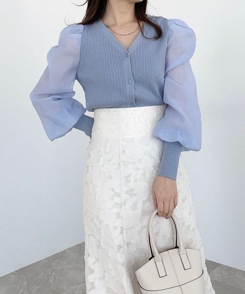 mysty woman（ミスティウーマン）の「シアースリーブリブカーディガン　183876（カーディガン/ボレロ・レディース・オフホワイト/グレイッシュブルー/ブラック・FREE）」の22枚目の写真