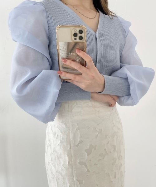 mysty woman（ミスティウーマン）の「シアースリーブリブカーディガン　183876（カーディガン/ボレロ・レディース・オフホワイト/グレイッシュブルー/ブラック・FREE）」の21枚目の写真