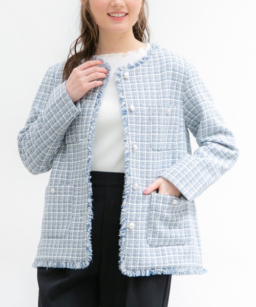 Honeys（ハニーズ）の「ツイードジャケット（ノーカラージャケット・レディース・ブルー系その他/ホワイト系その他/ブラック系その他/ネイビー系・S/M/L/LL）」の6枚目の写真