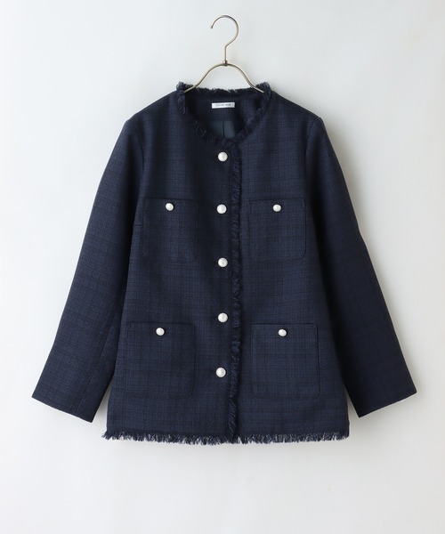 Honeys（ハニーズ）の「ツイードジャケット（ノーカラージャケット・レディース・ブルー系その他/ホワイト系その他/ブラック系その他/ネイビー系・S/M/L/LL）」の8枚目の写真