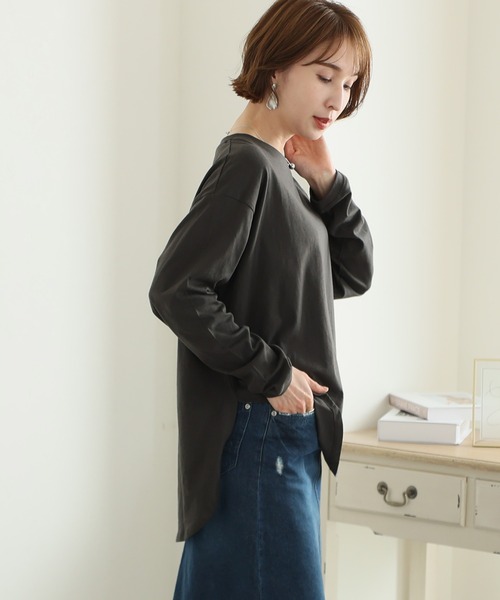 ElegChic（エレグシック）の「天竺ラウンドヘムロンTシャツ 長袖（Tシャツ/カットソー・レディース・ブラック/チャコールグレー/杢グレー/ホワイト・L/3L/5L）」の14枚目の写真